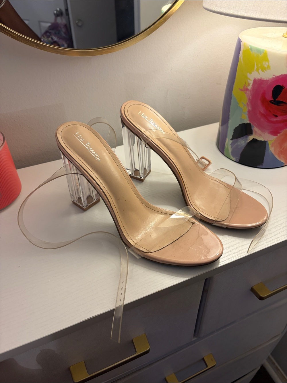 Hot Tomato Clear Strap Nude Block Heels with Transparent Heel